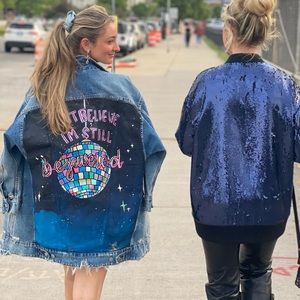 Taylor Swift Hand Painted Jean Jacket Eras Tour Outfit Bejeweled Disco Midnight